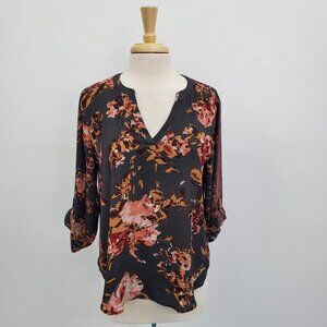 Maurices Womens V-Neck Popover Blouse Top Size M‎ Floral Roll Tab Sleeve Gray